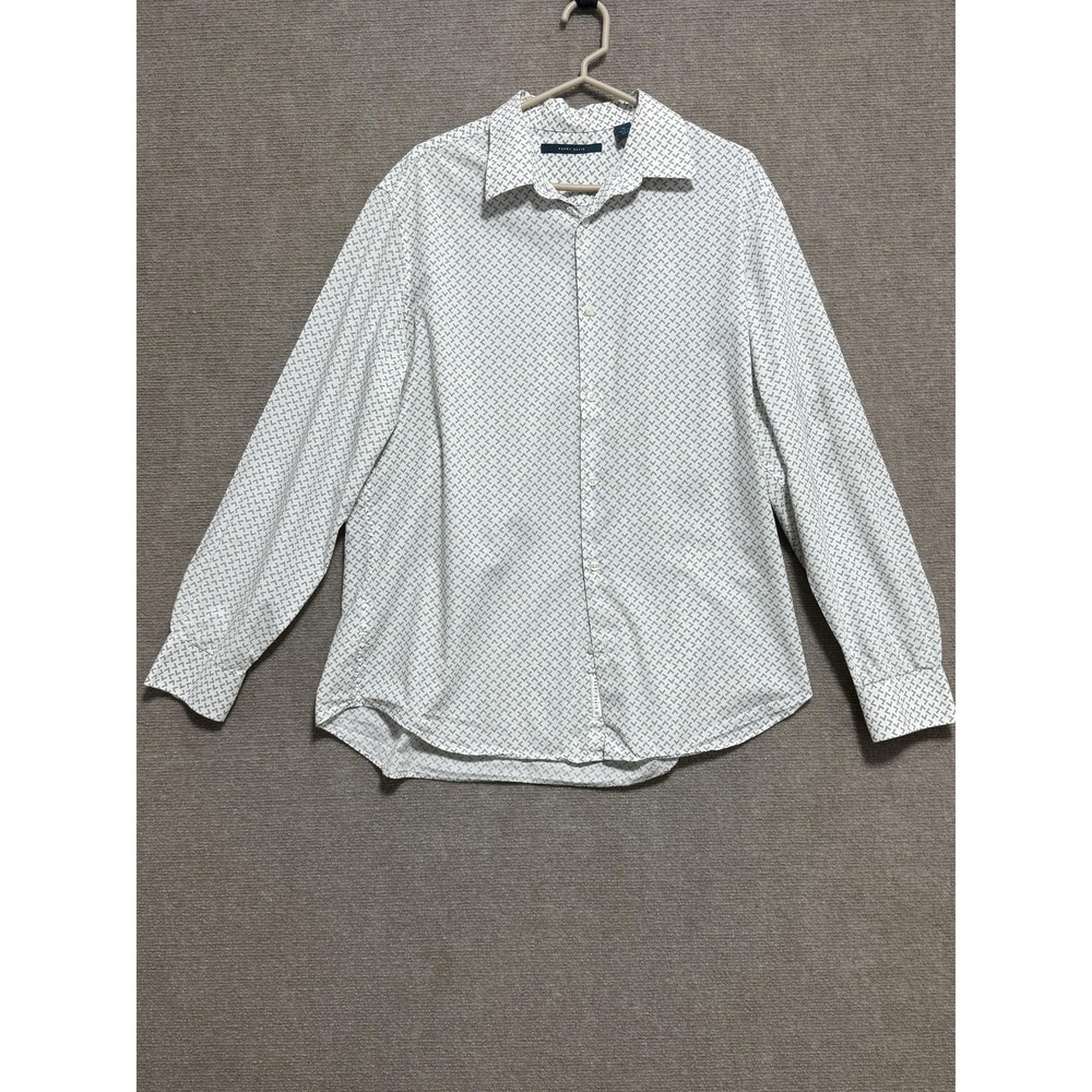 Perry Ellis Shirt Mens XL White Black Dot Print Button Up Long Sleeve Cotton